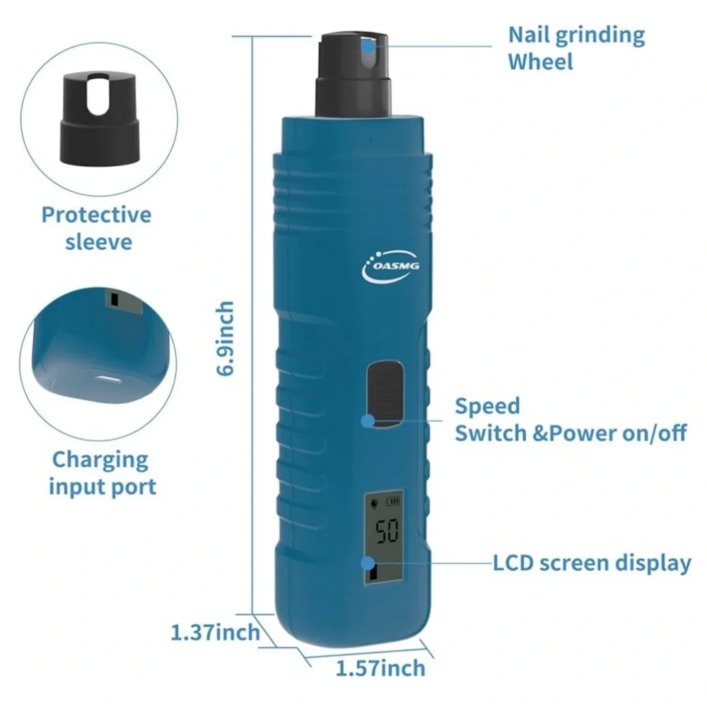 Professional 3-Speed Dog Nail Trimmers - Rechargeable with LED Lights (Blue)
